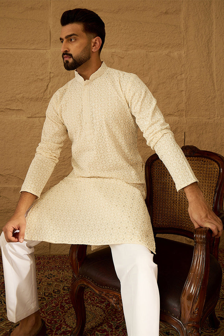 Off White Cotton Solid Printed Straight Kurta | SHOBITAM