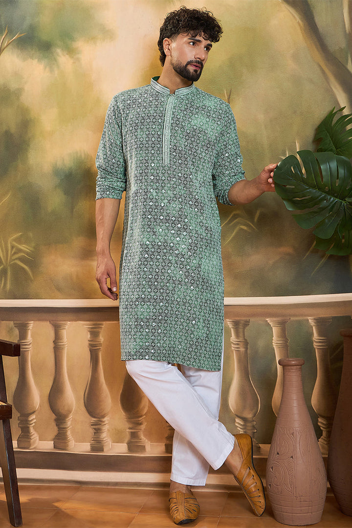 Green Viscose Rayon Shibori Embroidered Straight Kurta with Trouser  | SHOBITAM