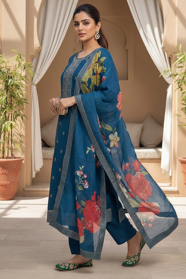 Blue Silk Blend Ethnic Motifs Stoning Straight Kurta Trouser with Dupatta | SHOBITAM