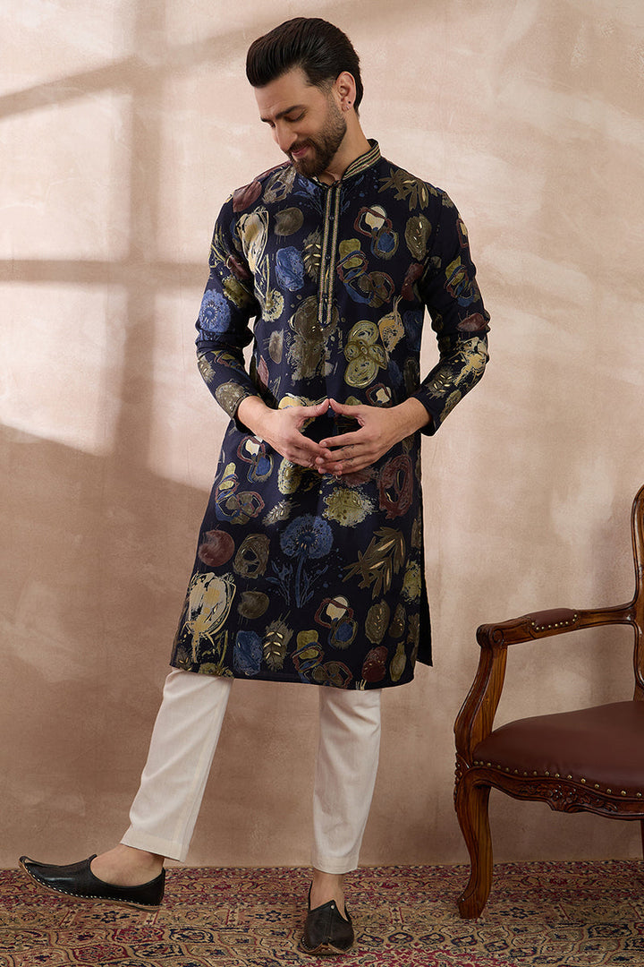 Navy Blue Silk Blend Printed Mandarin Collar Straight Kurta For Men | SHOBITAM