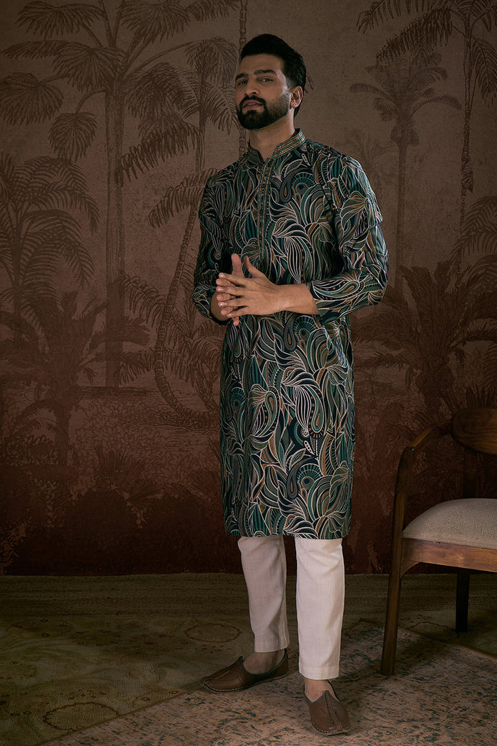 Navy Blue Silk Blend Abstract Printed Straight Kurta For Men | SHOBITAM