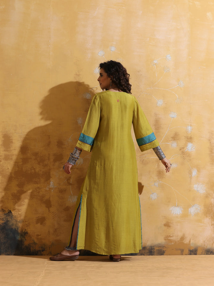 Lime Muslin Silk Straight Maxi Dress  | SHOBITAM