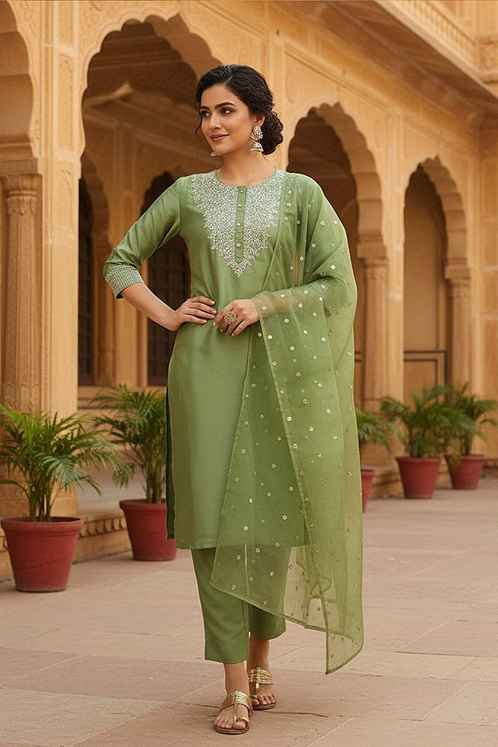 Green Poly Silk Solid Yoke Design Kurta Trousers With Dupatta | SHOBITAM