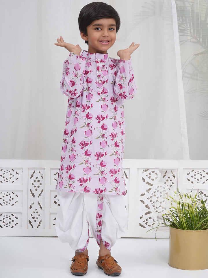 Boys Lavender Cotton Lotus Kurta Dhoti Set | SHOBITAM