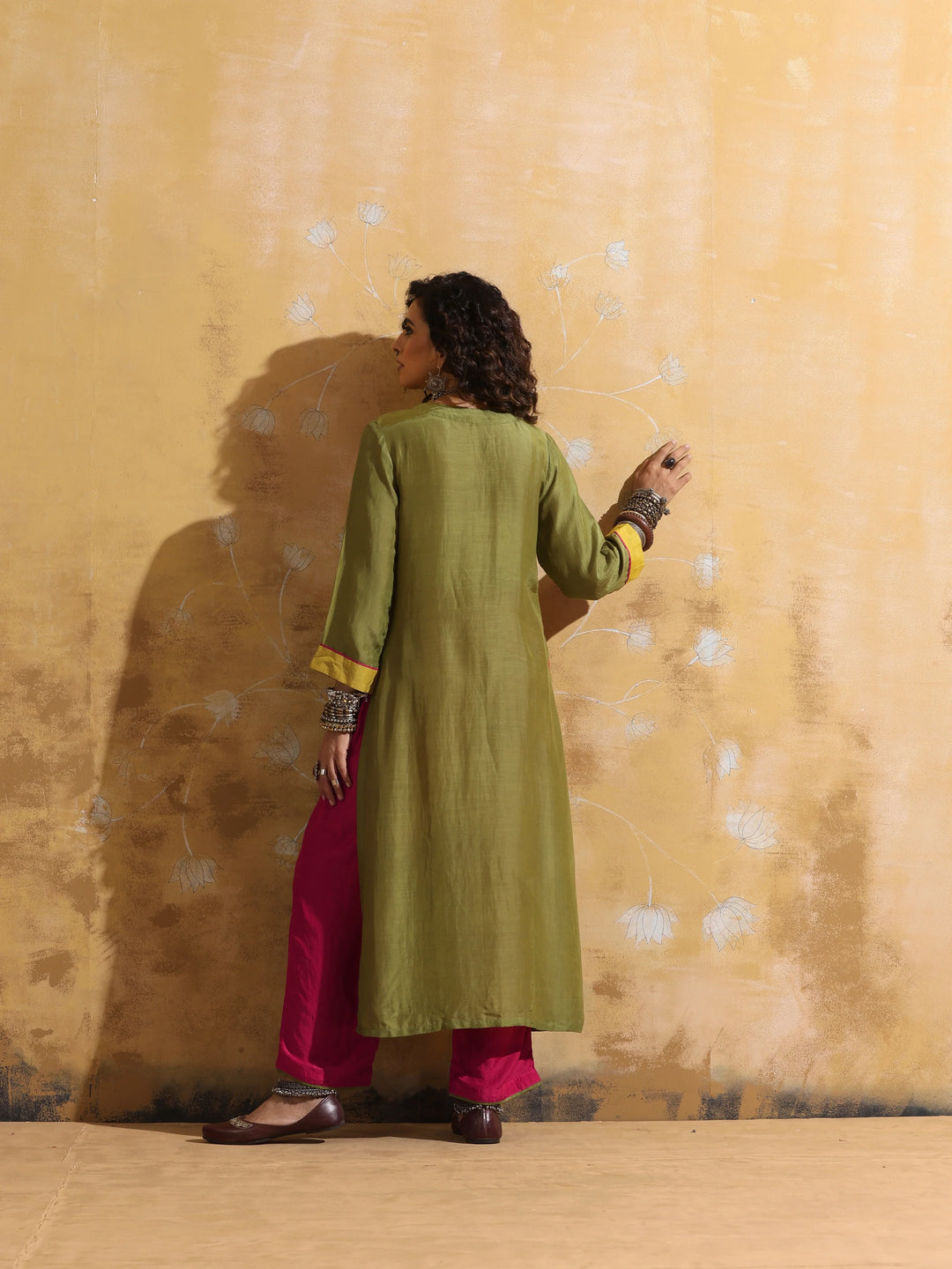 Green Muslin Silk High-Slit Kurta Pant Set  | SHOBITAM