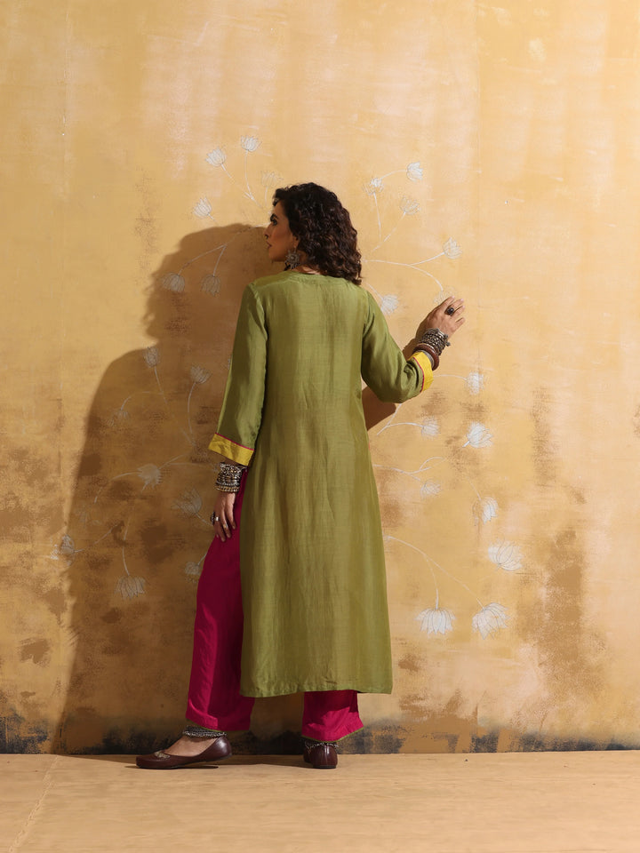 Green Muslin Silk High-Slit Kurta Pant Set  | SHOBITAM