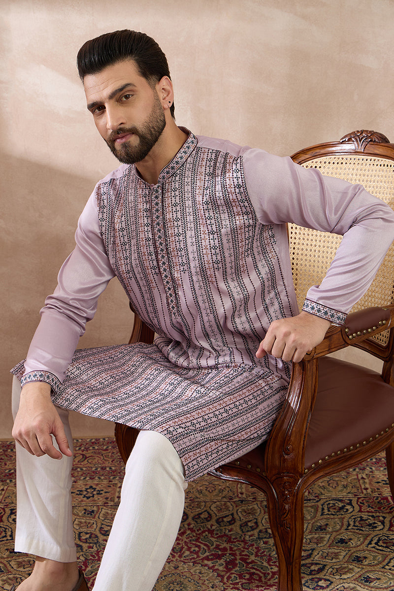 Lavender Silk Blend Embroidered Mandarin Collar Straight Kurta For Men | SHOBITAM