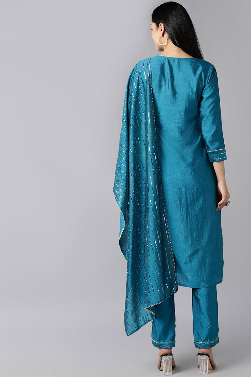 Blue Poly Chanderi Solid Straight Suit Set | SHOBITAM