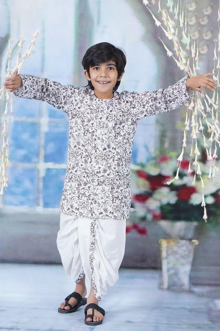Boys Cotton Full Sleeves Kurta Dhoti with Brown Floral Print and Pearl Buttons - White | SHOBITAM