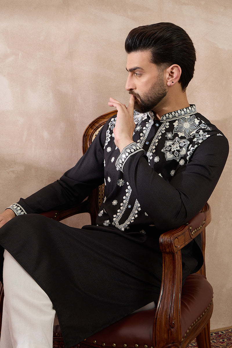 Black Silk Blend Embroidered Mandarin Collar Straight Kurta For Men | SHOBITAM