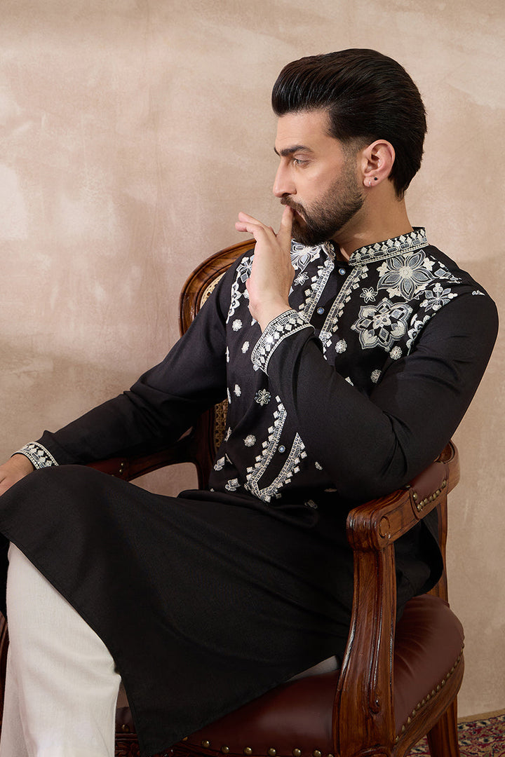 Black Silk Blend Embroidered Mandarin Collar Straight Kurta For Men | SHOBITAM