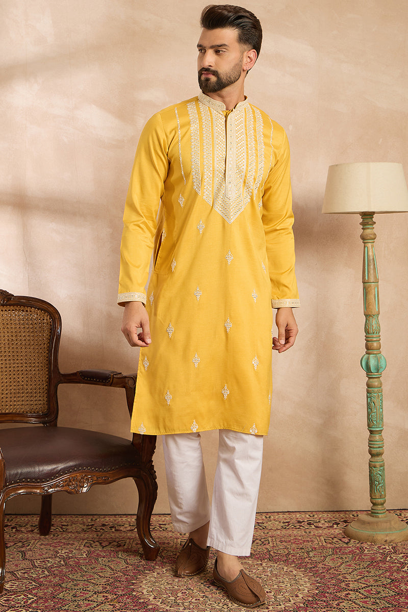 Yellow Silk Blend Geometric Embroidered Straight Kurta With Trouser | SHOBITAM