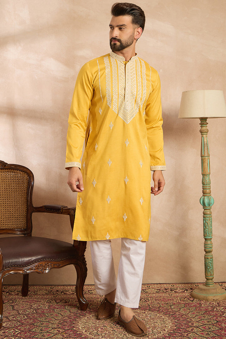 Yellow Silk Blend Geometric Embroidered Straight Kurta With Trouser | SHOBITAM