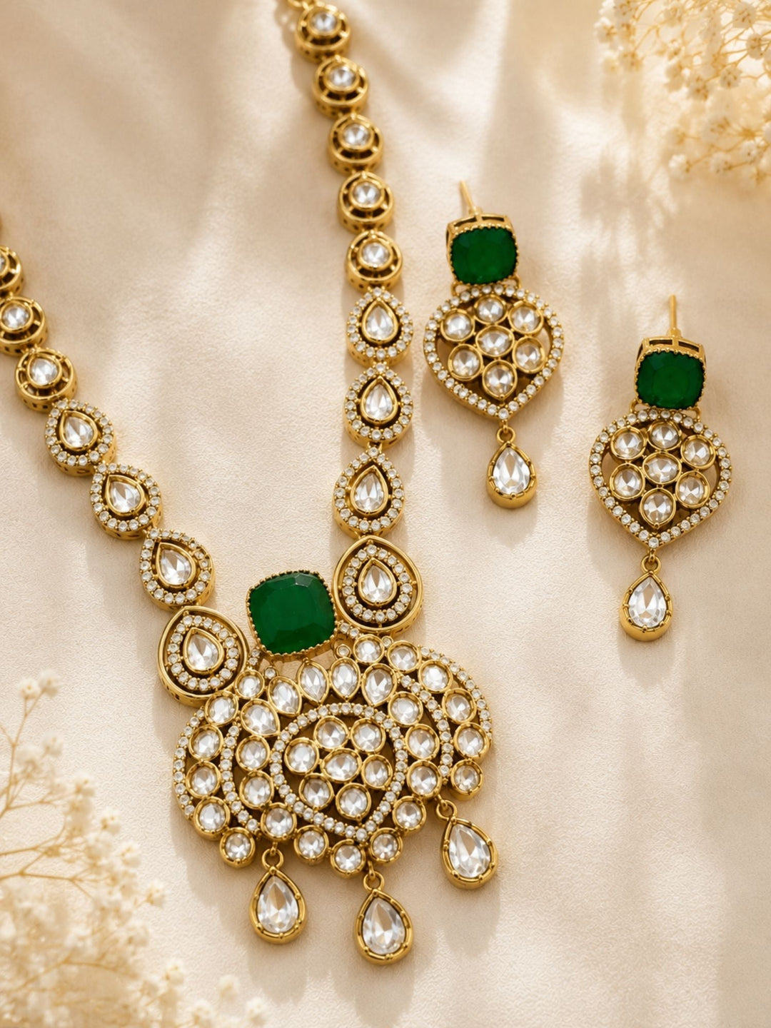 Green Kundan Pendant Necklace Set in Gold Plating | SHOBITAM