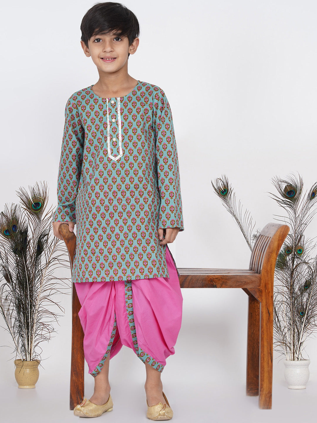 Boys Floral Kurta with Pearl Buttons and Dhoti in Blue and Pink  | SHOBITAM