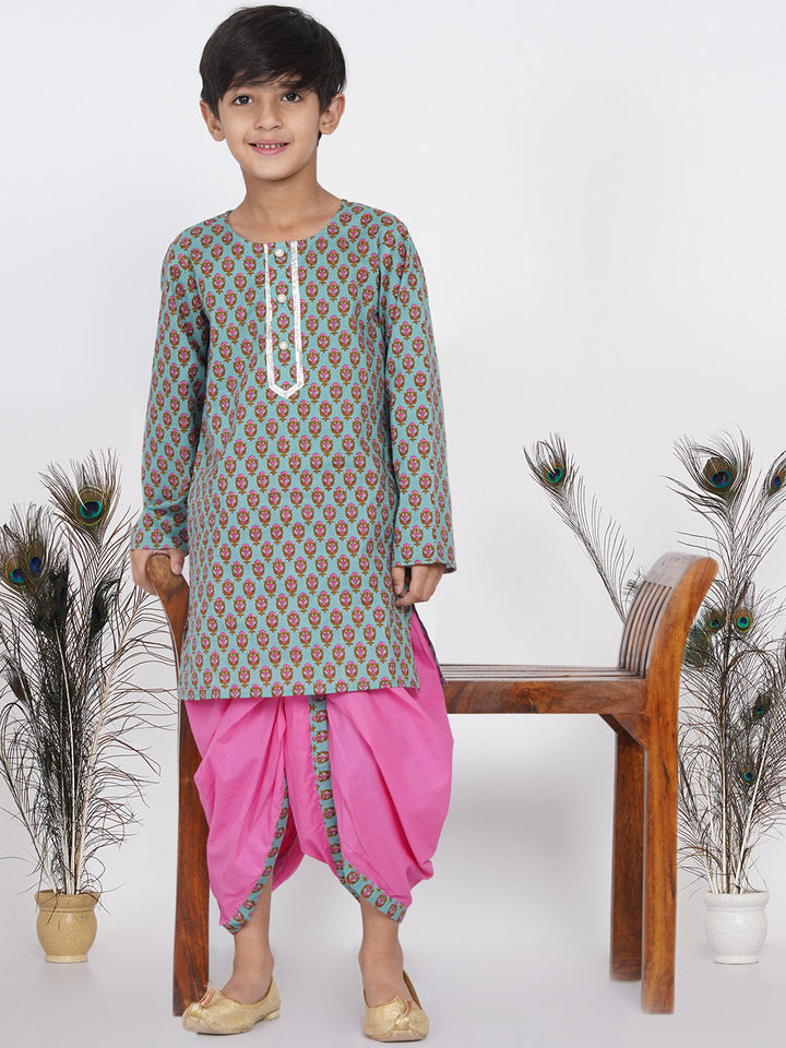 Boys Floral Kurta with Pearl Buttons and Dhoti in Blue and Pink  | SHOBITAM