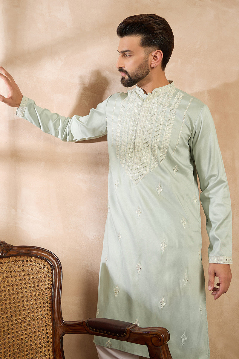 Green Silk Blend Geometric Embroidered Straight Kurta With Trouser | SHOBITAM