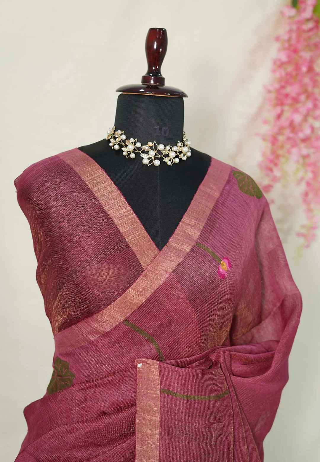 Rosewood Pink - Handloom Tissue Silk Linen Jamdani Saree - With Handloom Mark | SHOBITAM