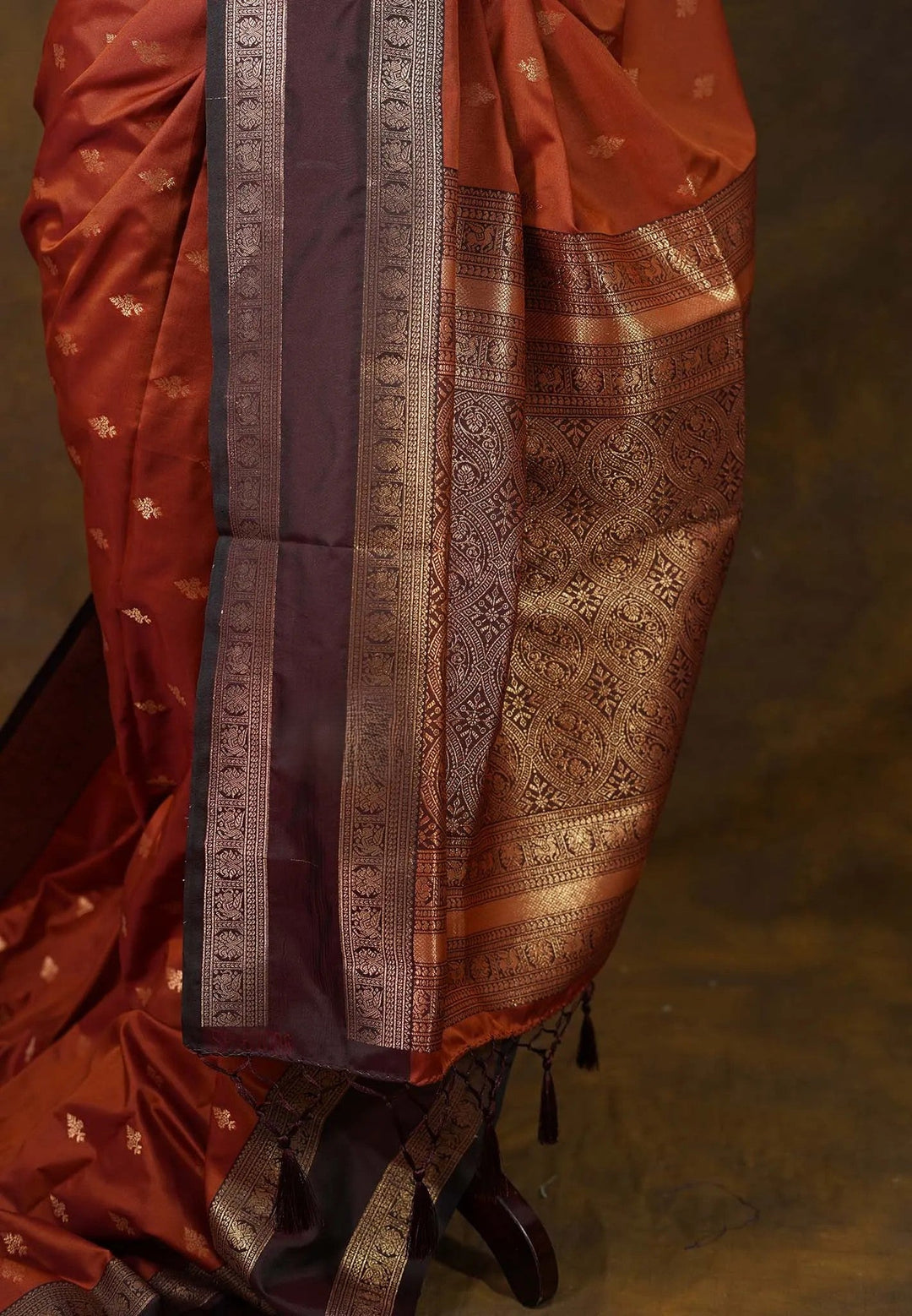Rust Orange Art Silk Saree with Maroon Rettaipet Borders | SHOBITAM