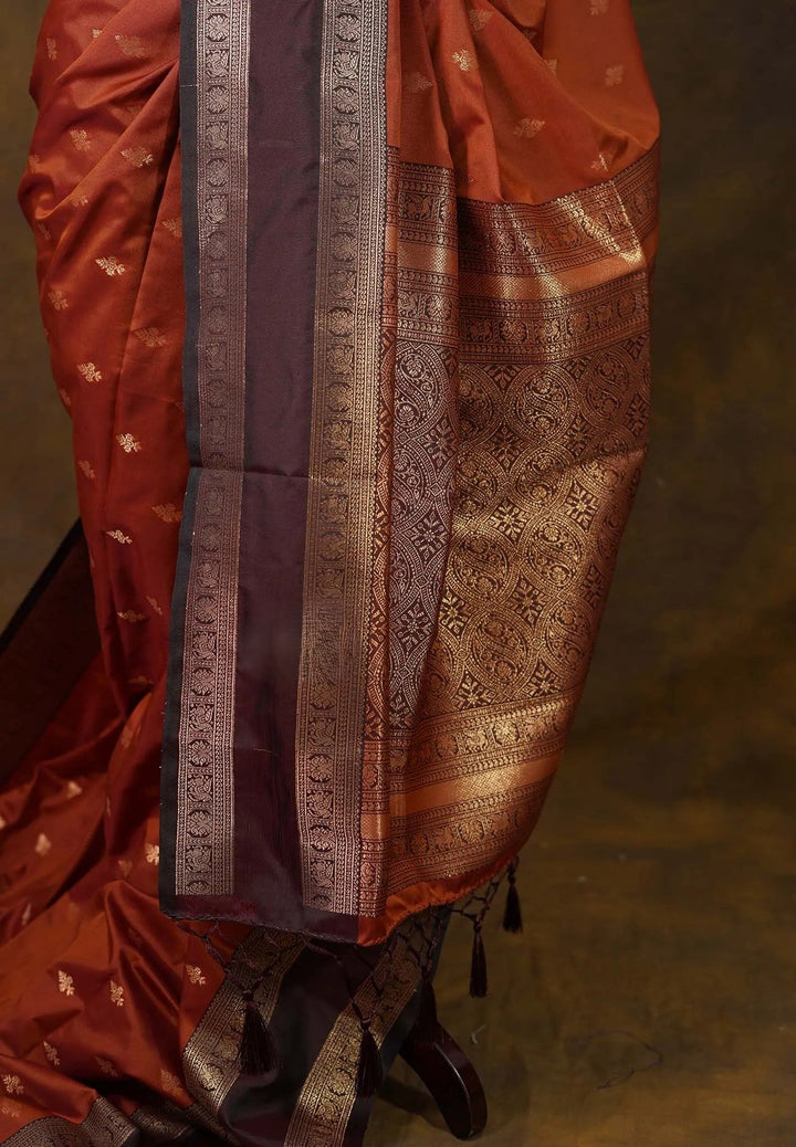 Rust Orange Art Silk Saree with Maroon Rettaipet Borders | SHOBITAM