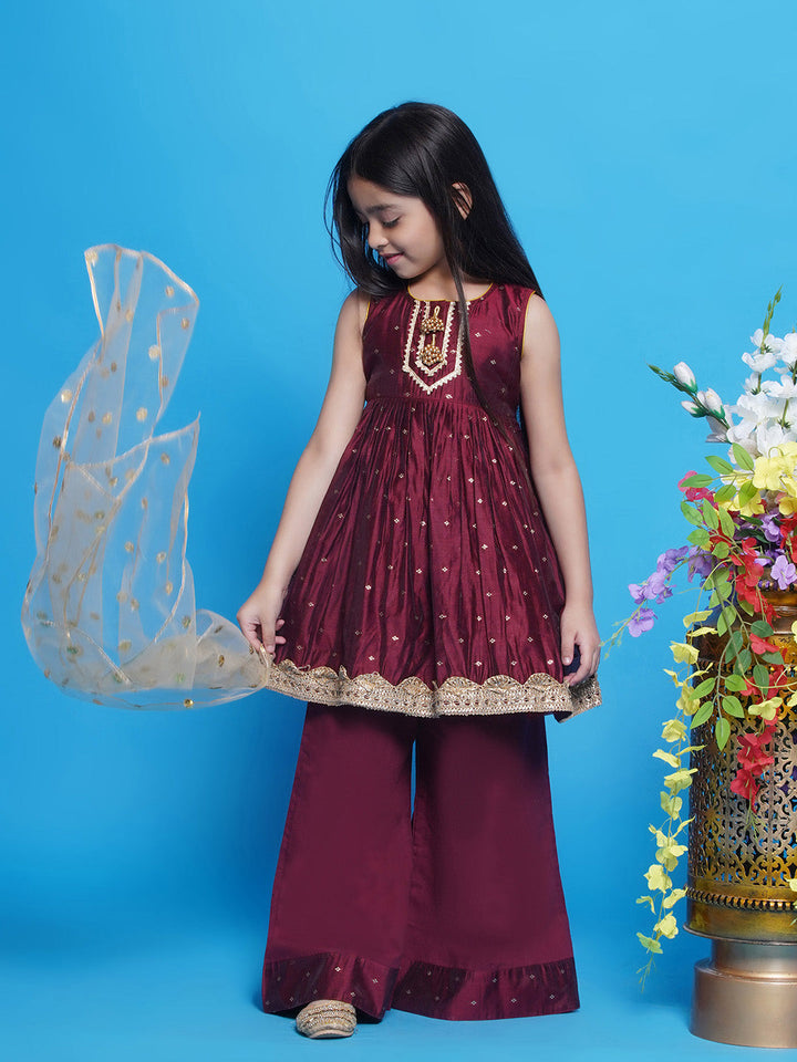 Girls Chanderi Cotton Sleeveless Kurta Frock with Plazzo and Dupatta with Boota, Lace & Tussel work - Pink | SHOBITAM