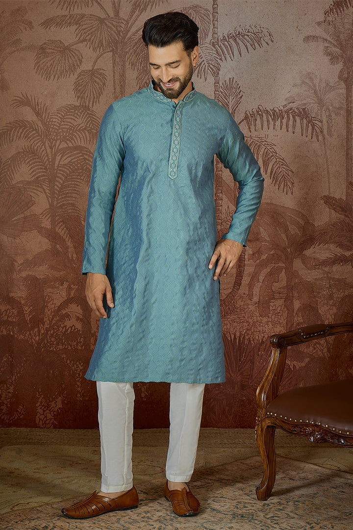 Mens Teal Jacquard Solid Embroidered Kurta With Trouser  | SHOBITAM