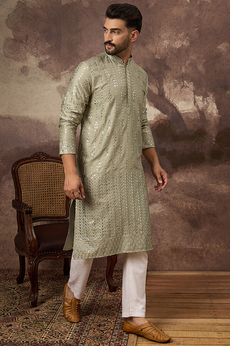 Green Silk Blend Solid Embroidered Straight Kurta With Pant Set For Men | SHOBITAM