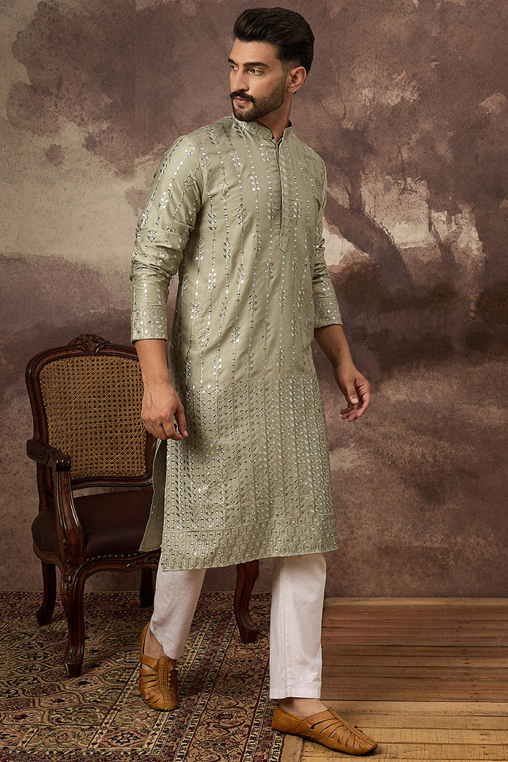 Green Silk Blend Solid Embroidered Straight Kurta With Pant Set For Men | SHOBITAM