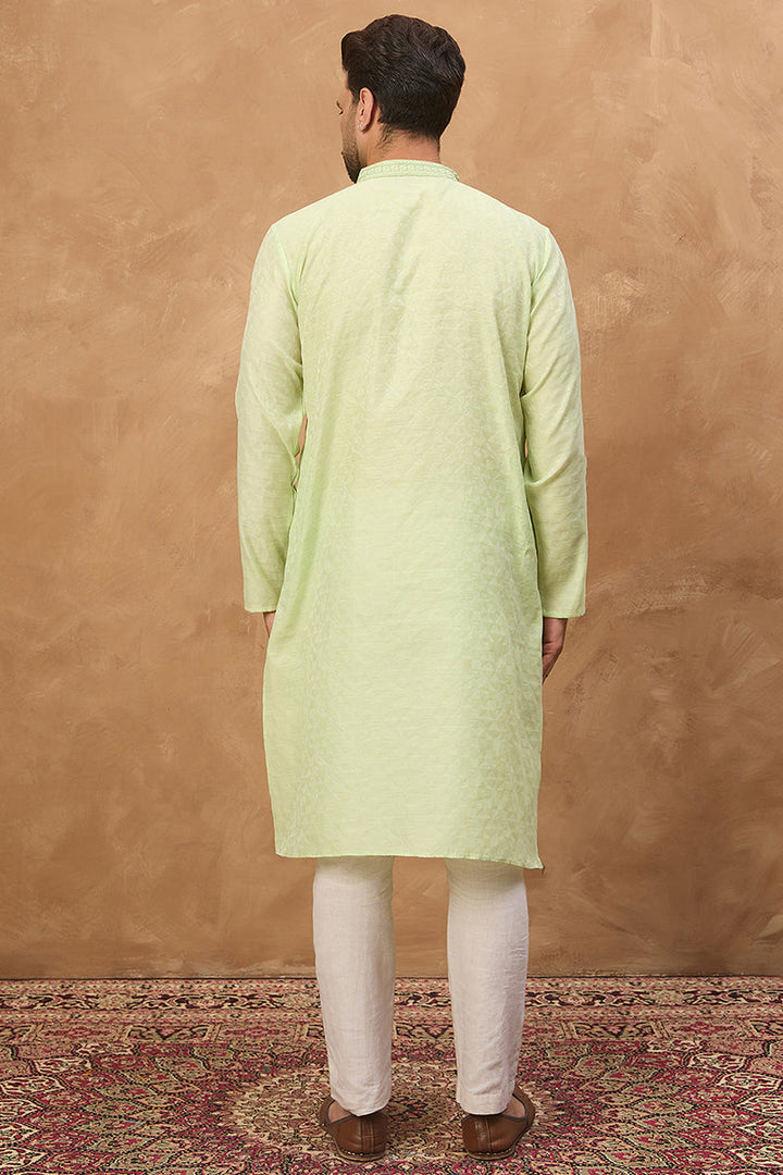 Green Silk Blend Solid Embroidered Straight Kurta | SHOBITAM