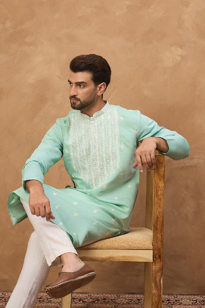 Blue Silk Blend Solid Embroidered Straight Kurta  | SHOBITAM