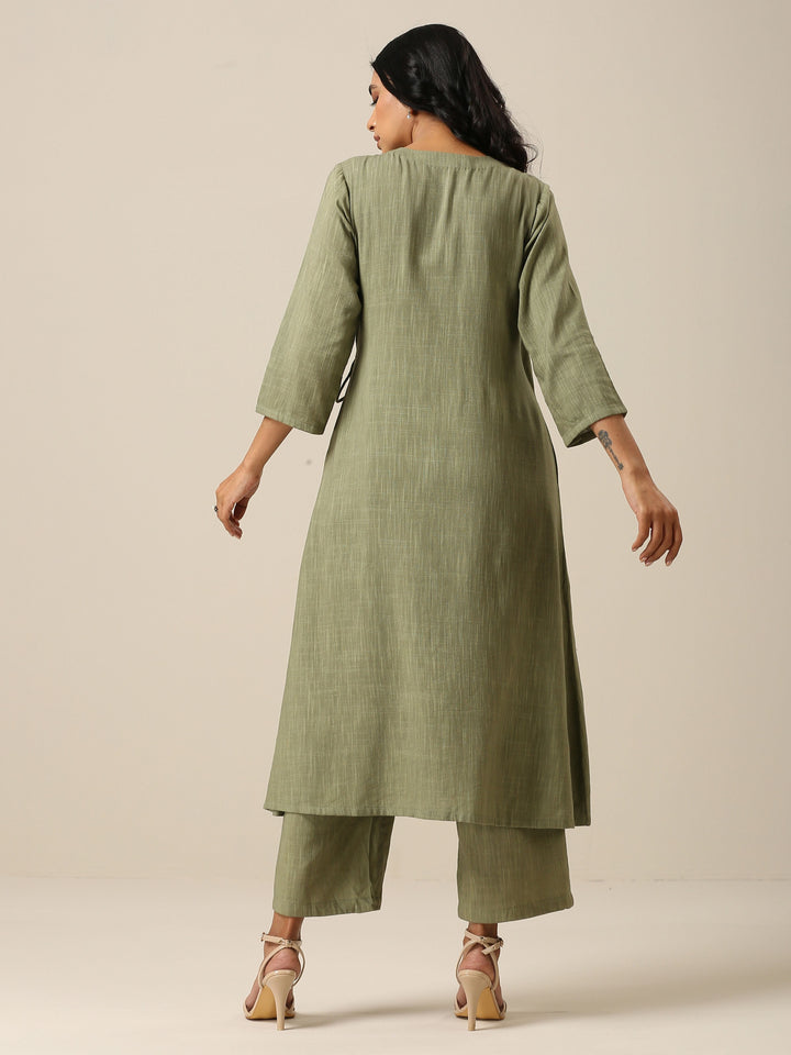 Sage Slub Texture Angrakha Pant Set | SHOBITAM