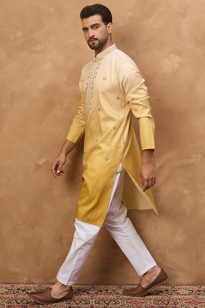 Yellow Silk Blend Solid Embroidered Straight Kurta | SHOBITAM