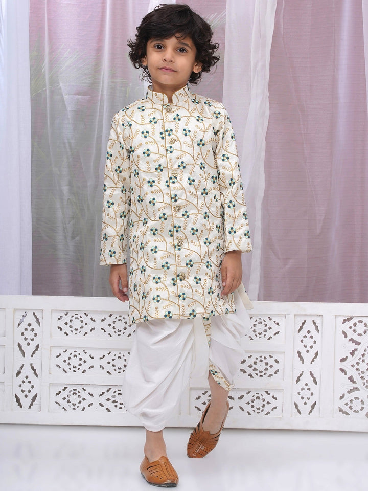 Boys Silk Brocade Full Sleeves Sherwani and Dhoti with Floral Embroidery & Kundan Buttons- Cream | SHOBITAM