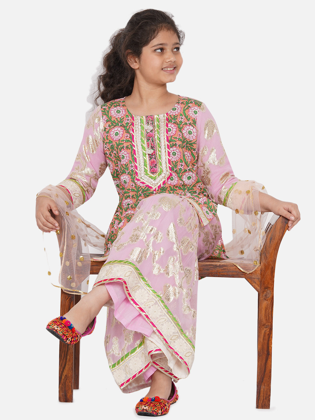 Girls Bengali Lace work Floral Kurta with Embellished Sharara & Duppata in Pink | SHOBITAM