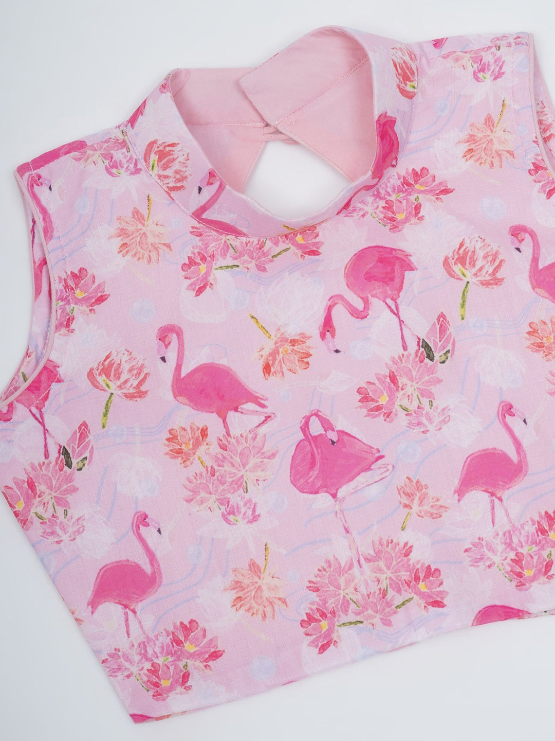 Girls Baby Pink Muslin Flamingo Blouse with Chanderi Semi-Silk Ready to wear Saree | SHOBITAM