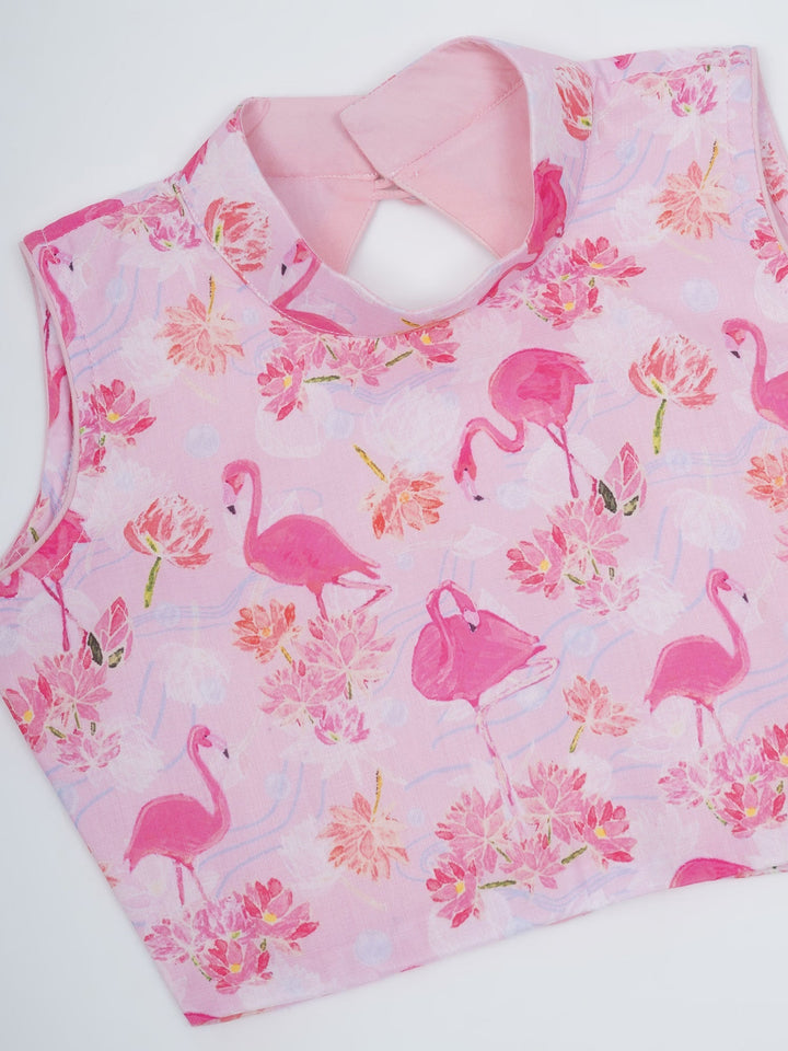 Girls Baby Pink Muslin Flamingo Blouse with Chanderi Semi-Silk Ready to wear Saree | SHOBITAM