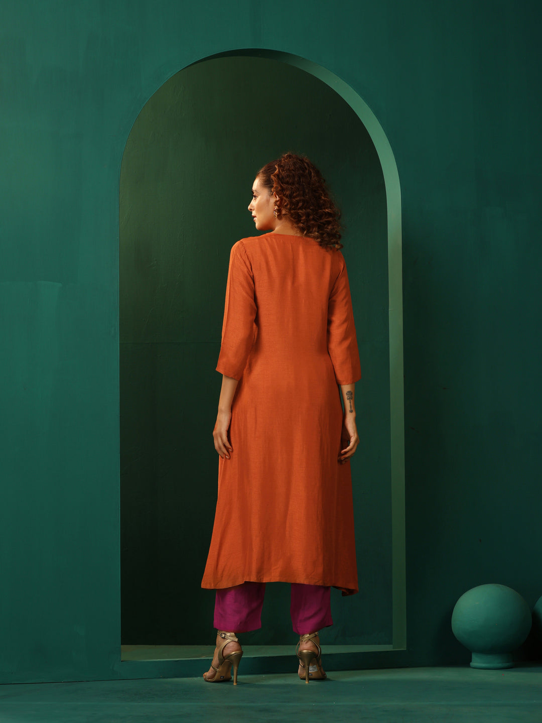 Rust Silk Angrakha Kurta Pant Set | SHOBITAM