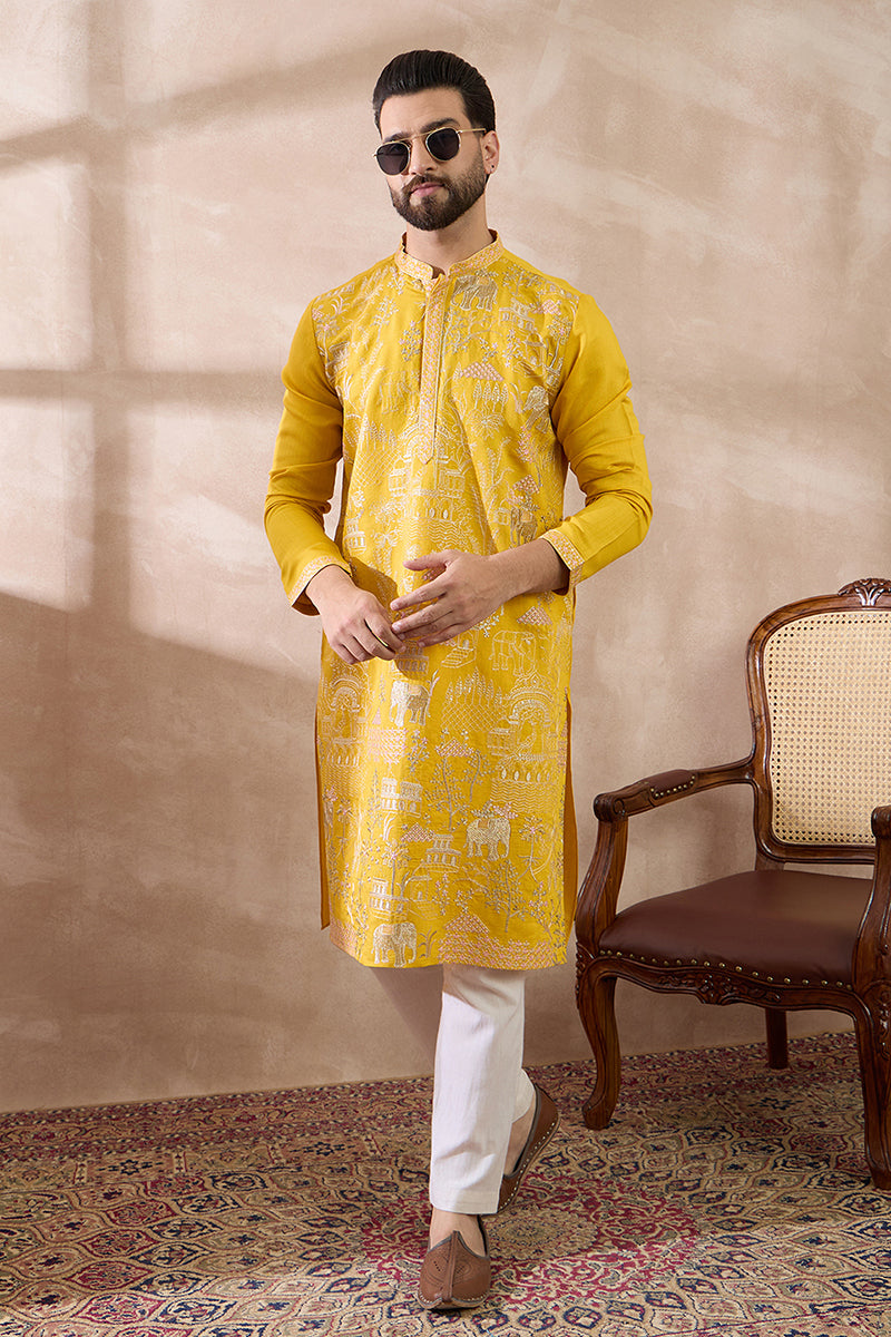 Yellow Silk Blend Embroidered Mandarin Collar Straight Kurta | SHOBITAM