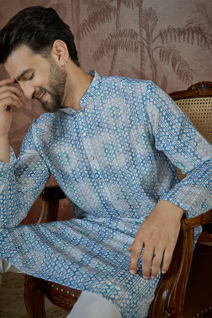 Mens Blue Linen Ethnic Motifs Printed Regular Kurta With Trouser | SHOBITAM