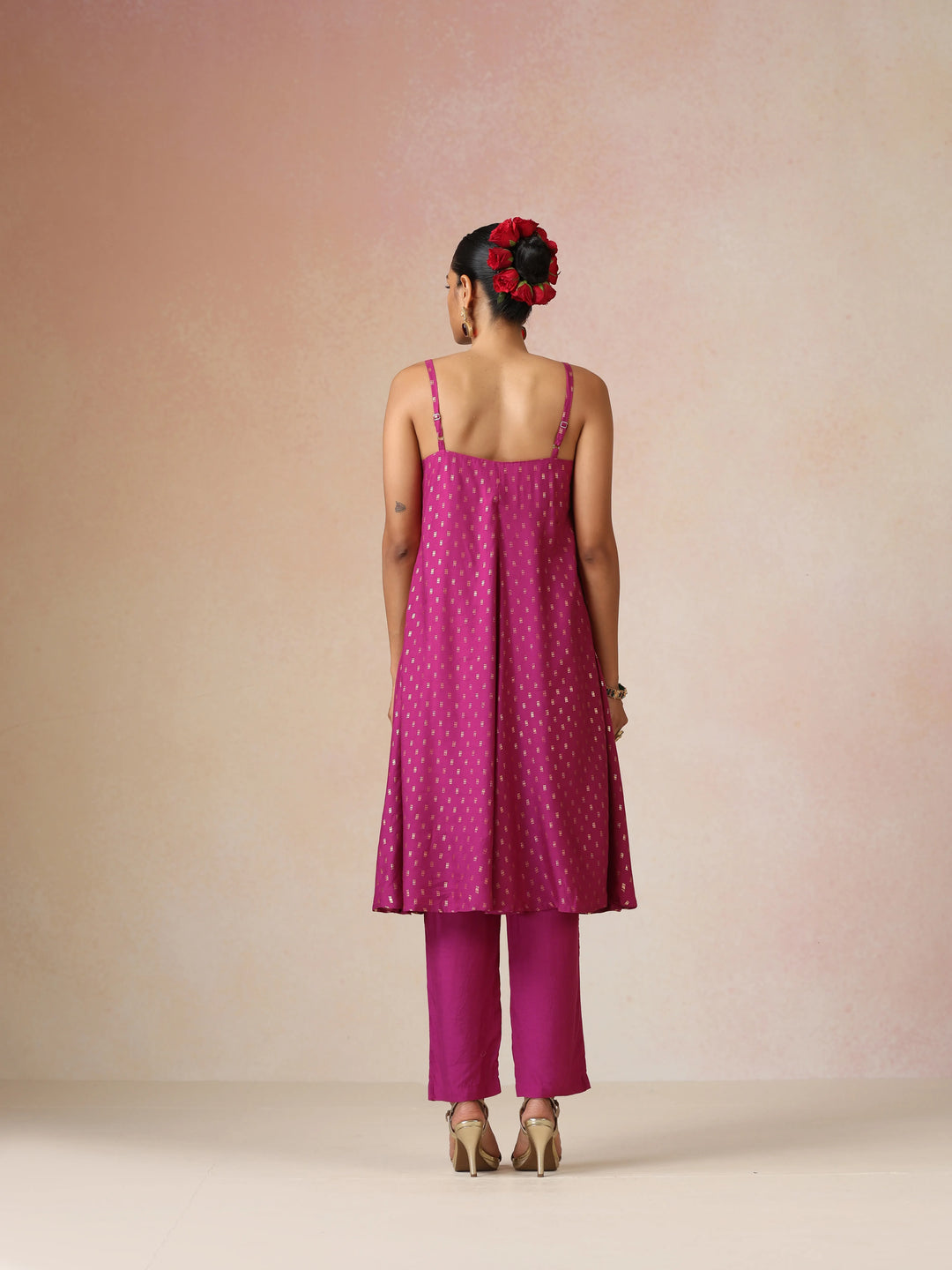 Pink Gold Foil Print Muslin Silk Flared Kurta Set| SHOBITAM