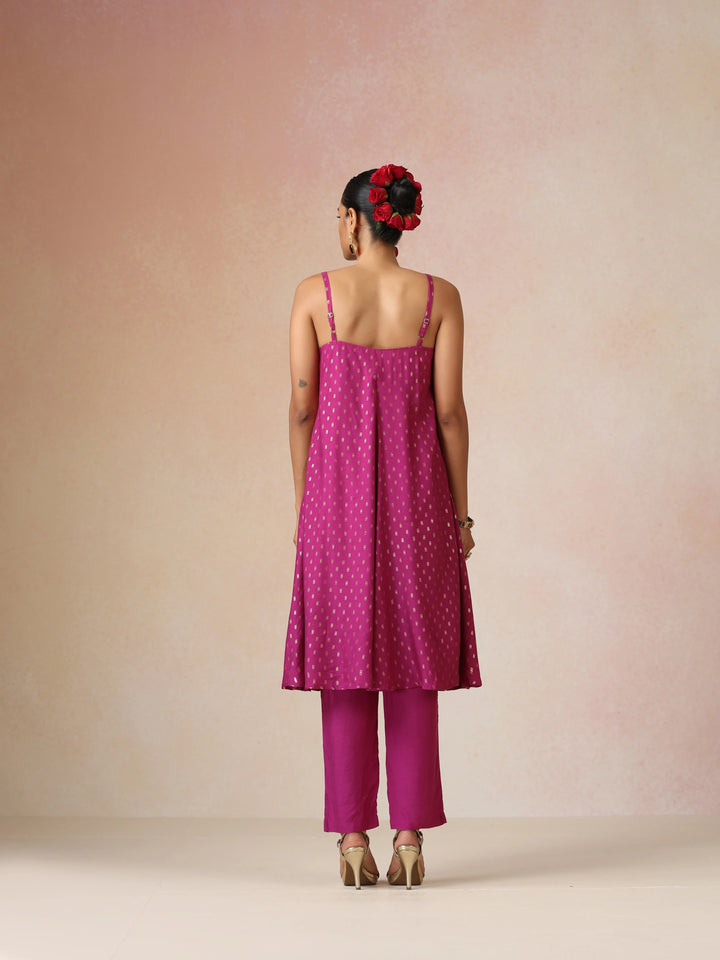 Pink Gold Foil Print Muslin Silk Flared Kurta Set| SHOBITAM