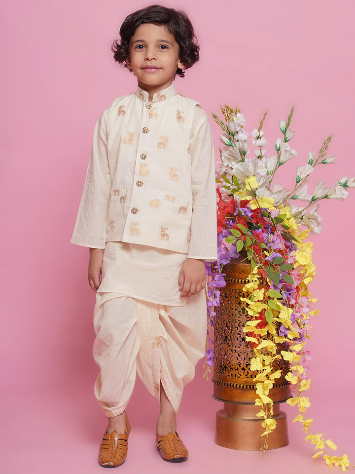 Cotton Sleevelees Golden Deer Embrodiery Nehru Jacket with Kurta and Dhoti - Cream | SHOBITAM