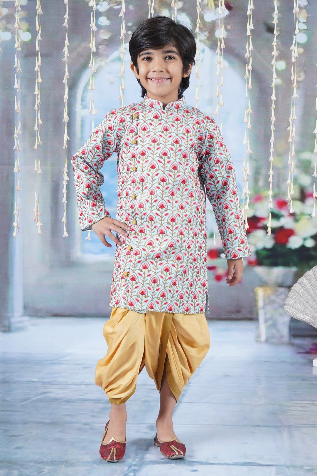 Boys Bageecha Floral Thread work Angrakha Sherwani with Beige Silk Dhoti | SHOBITAM