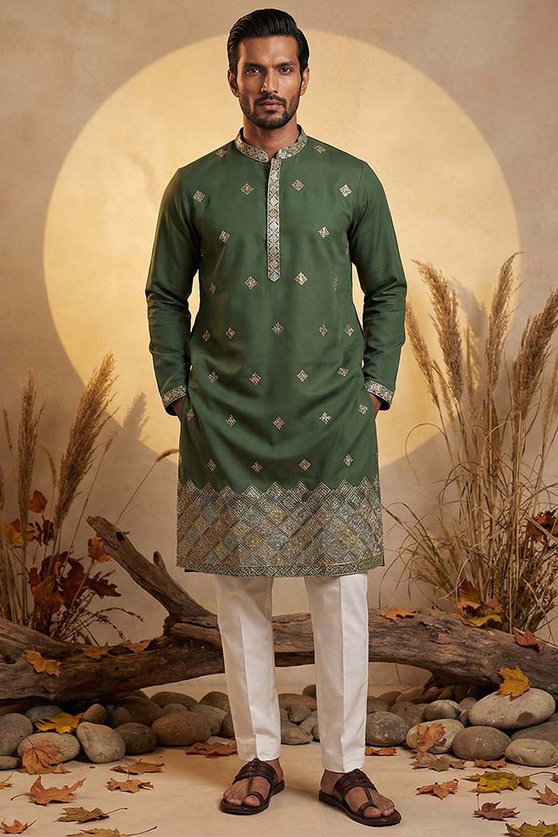 Silk Blend Green Solid Embroidered Calf Length Straight Kurta | SHOBITAM