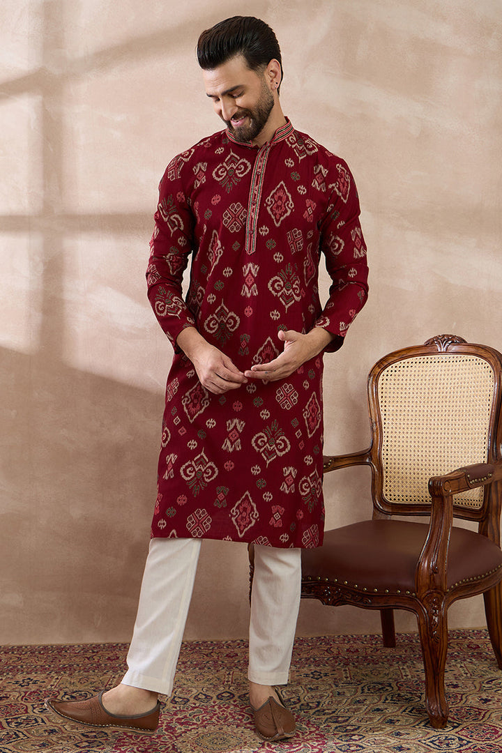 Red Silk Blend Printed Mandarin Collar Straight Kurta For Men | SHOBITAM