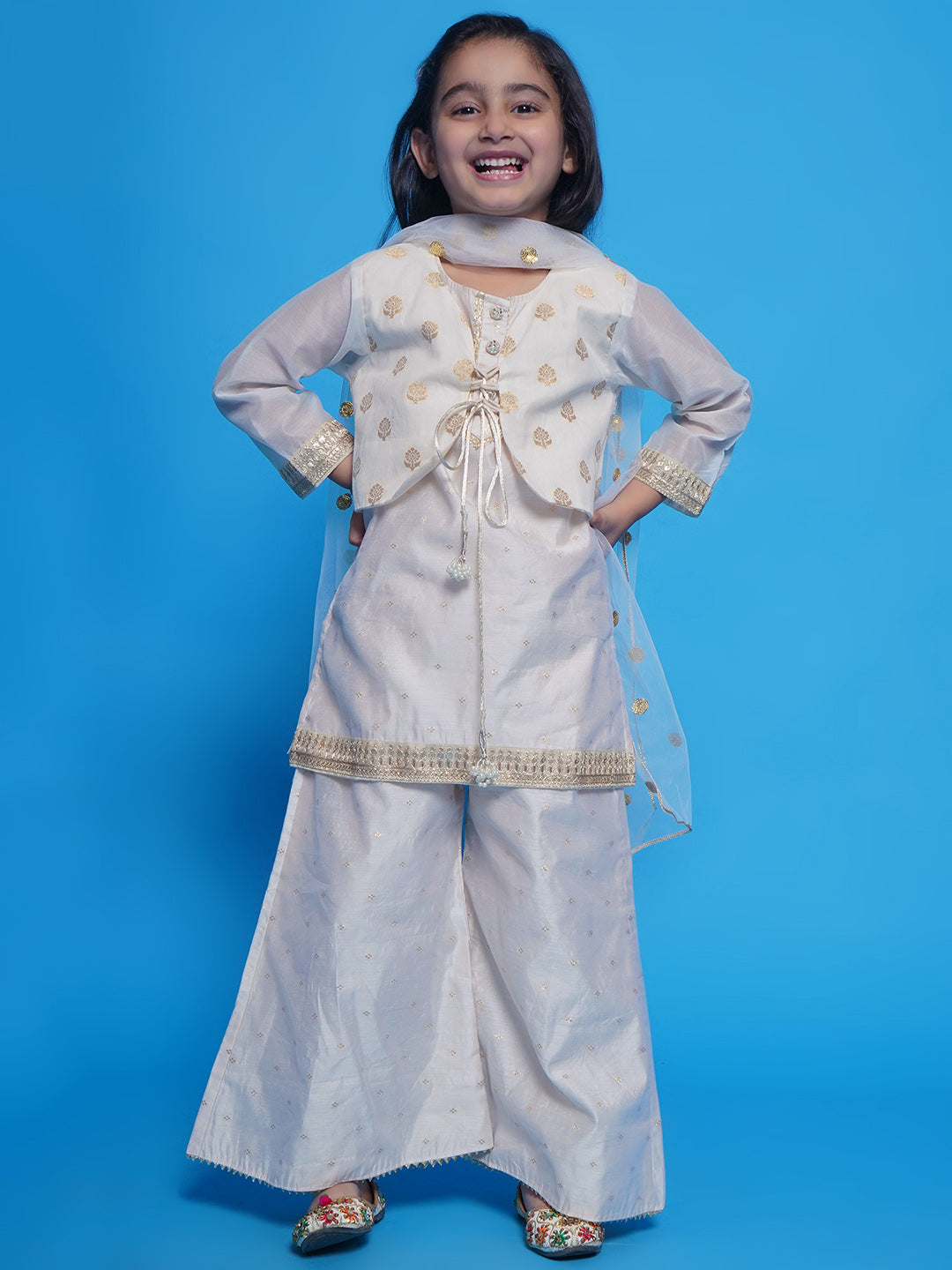 Girls Chanderi Cotton Three Fourth Sleeves Kurta with Attached Floral Jacket and Plazzo with Dupatta Adorned by Lace & Tussel work - Cream | SHOBITAM