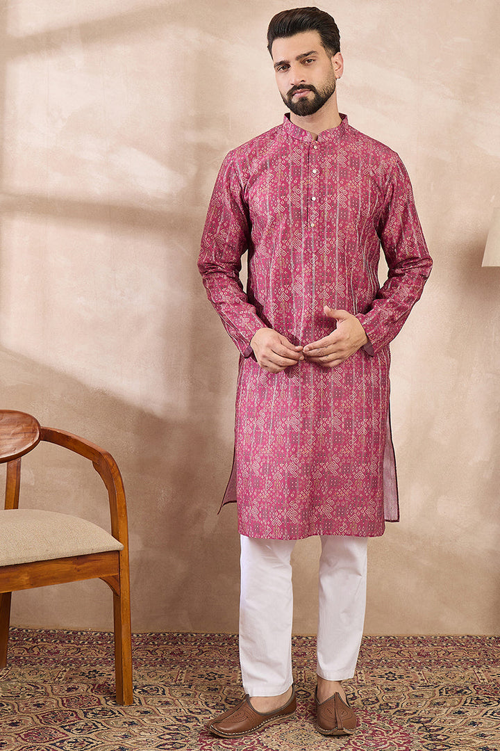 Pink Silk Blend Ethnic Motifs Printed Straight Kurta With Trouser | SHOBITAM