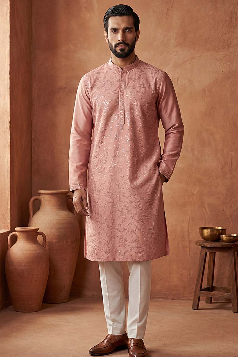 Silk Blend Peach Solid Embroidered Calf Length Straight Kurta | SHOBITAM