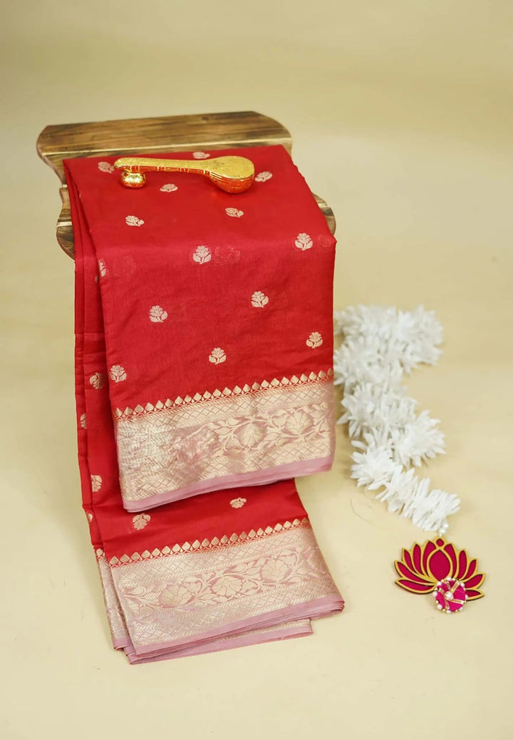Red and Thistle Semi Silk Saree with Zari detailing| SHOBITAM