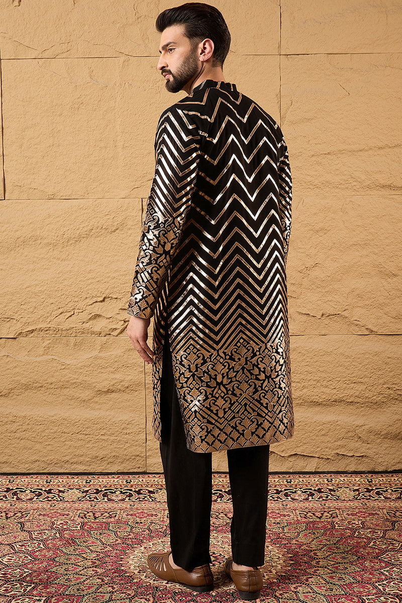 Black Georgette Solid Embroidered Straight Kurta with Trouser  | SHOBITAM